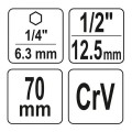 Adapteris |6,3mm (1/4''} / 12,5mm. 1/2'' 70 mm | Yato YT-04627